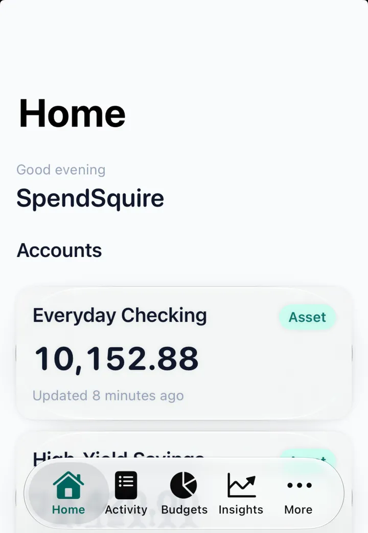 SpendSquire iOS dashboard showing account balances